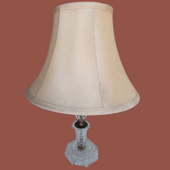 Vintage 1940s Clear Glass Hobnail Column Vanity Lamp with Beige Bell Shade - Picture 2 of 5